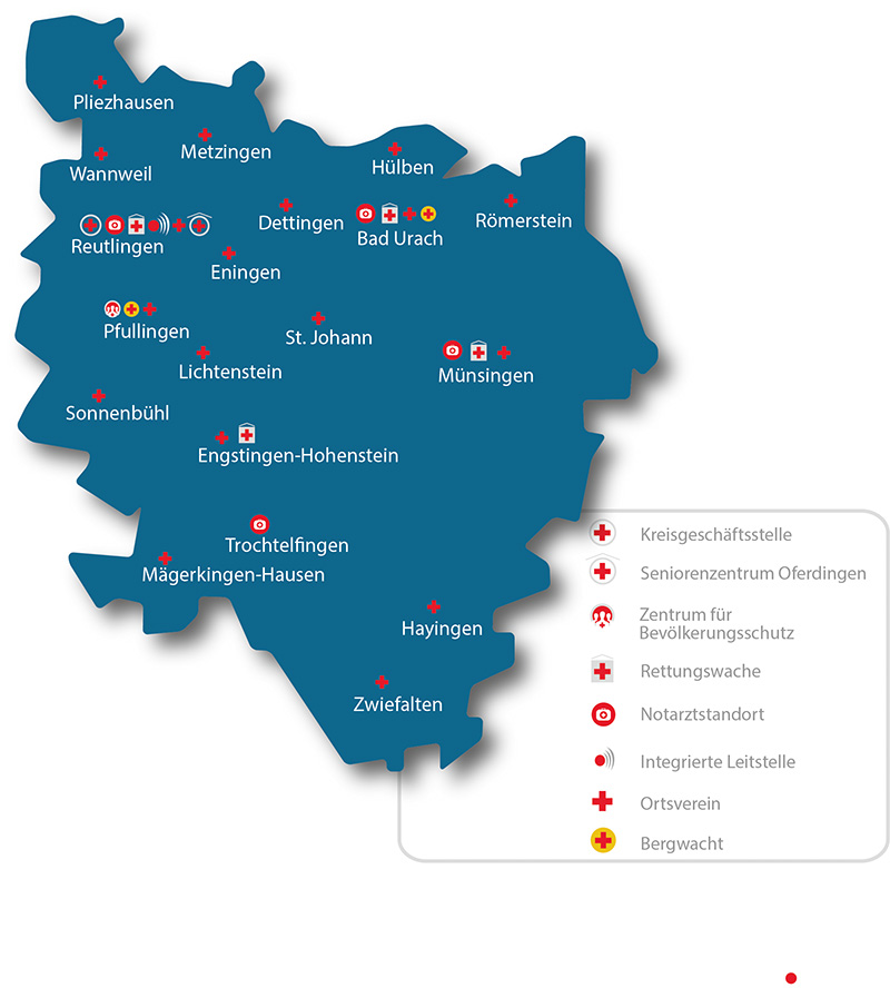 Karte mit den Rettungswachen des Landkreises Reutlingen